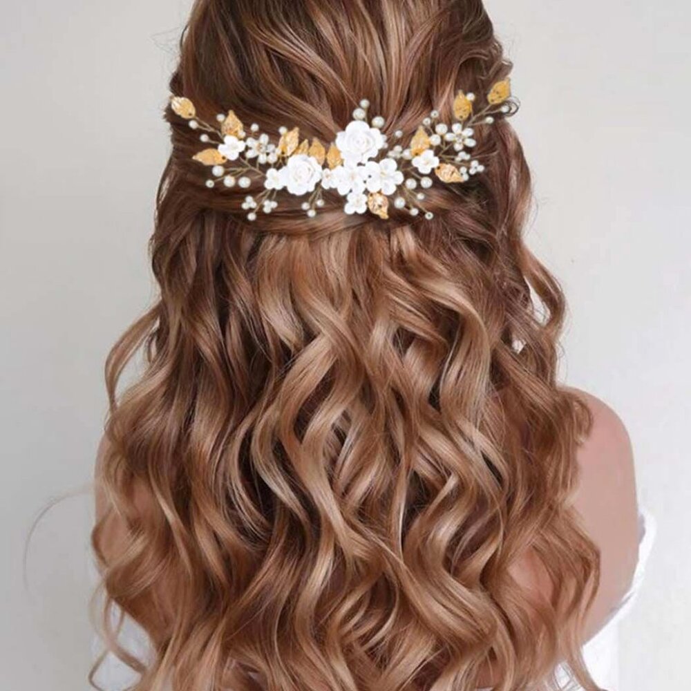 Gold & White Floral Hair Vine - Women's Bridal Hair Accessory